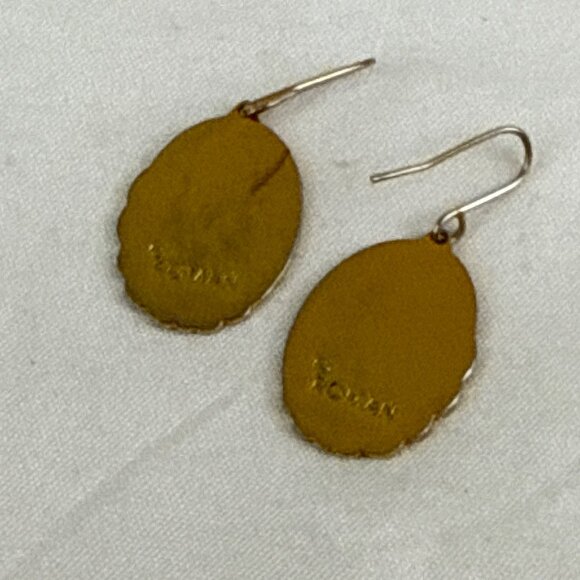 Roman Blue Purple Enamel Dangle Earrings Abstract Oval Gold Tone Hook VTG - Picture 4 of 6